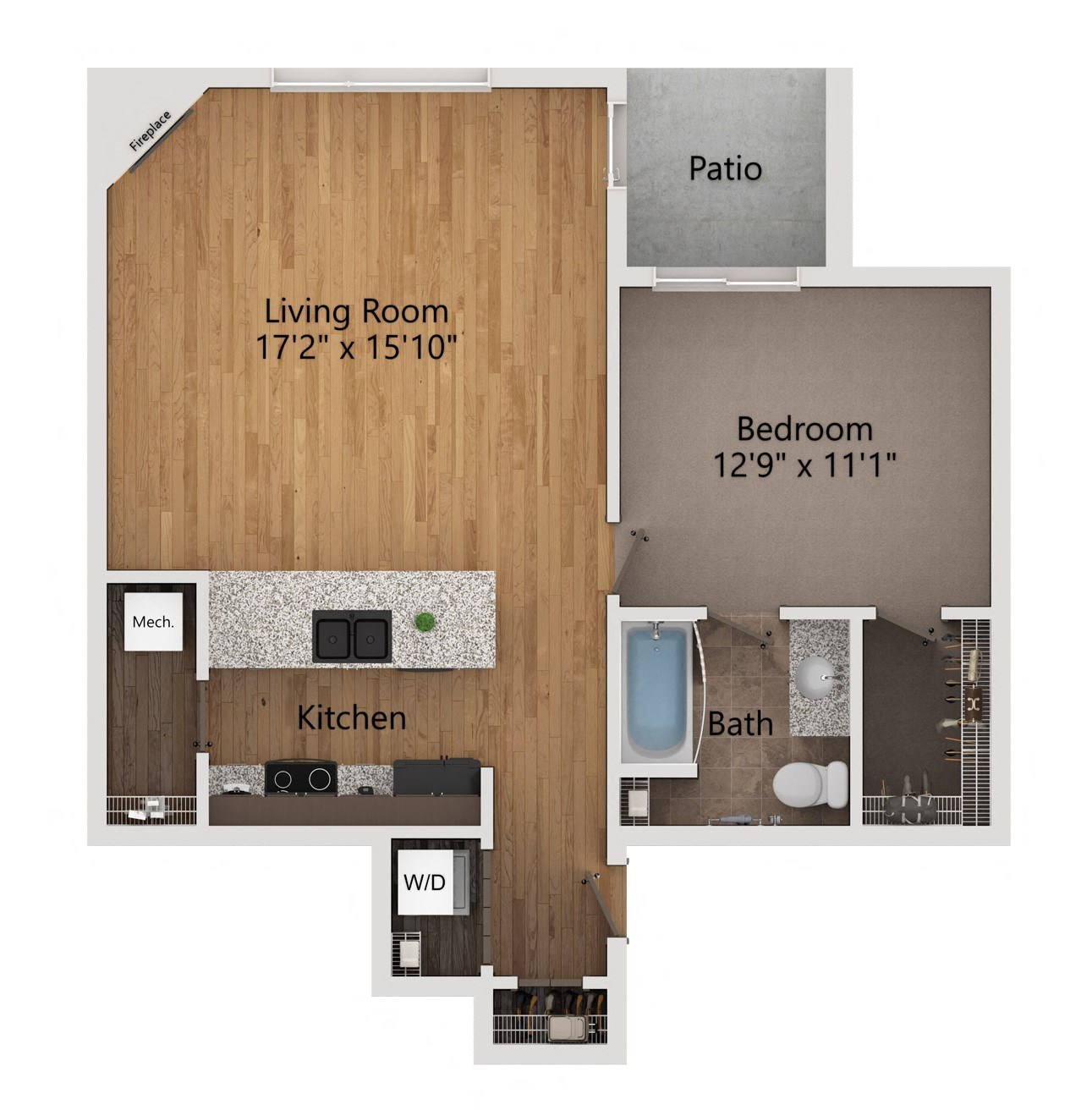 Floor plan for 1 bed, 1 bath, 783 sqft